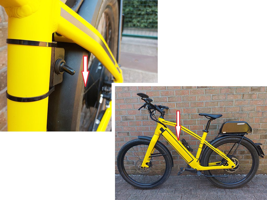 Lorsque l’interrupteur est vers le bas → la batterie Stromer d’origine fonctionne